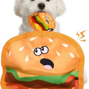 Crinkle Dog Toys Squeaky Dog Toys No Stuffing Dog Toys Durable Interactive Dog Chew Toys For Puppy Small Medium Large Dogs Hamburger