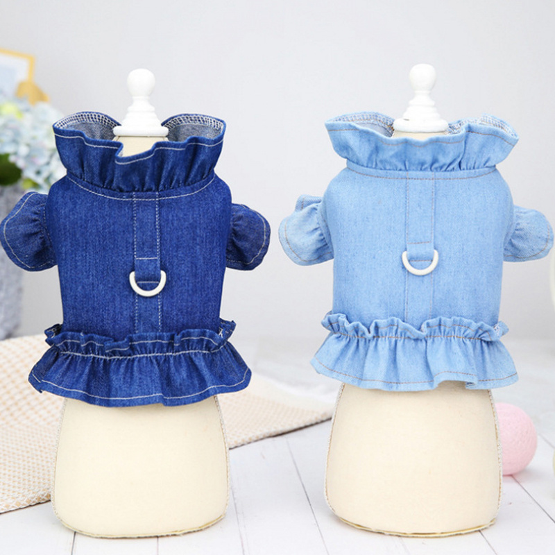 Pets Jeans Dress Apparel Dog Ruffles Vest Pet Harness Denim Dress Puppy Blue Jeans Clothes Cat Dogs Leash Hook Chest Back Dress - Image 6