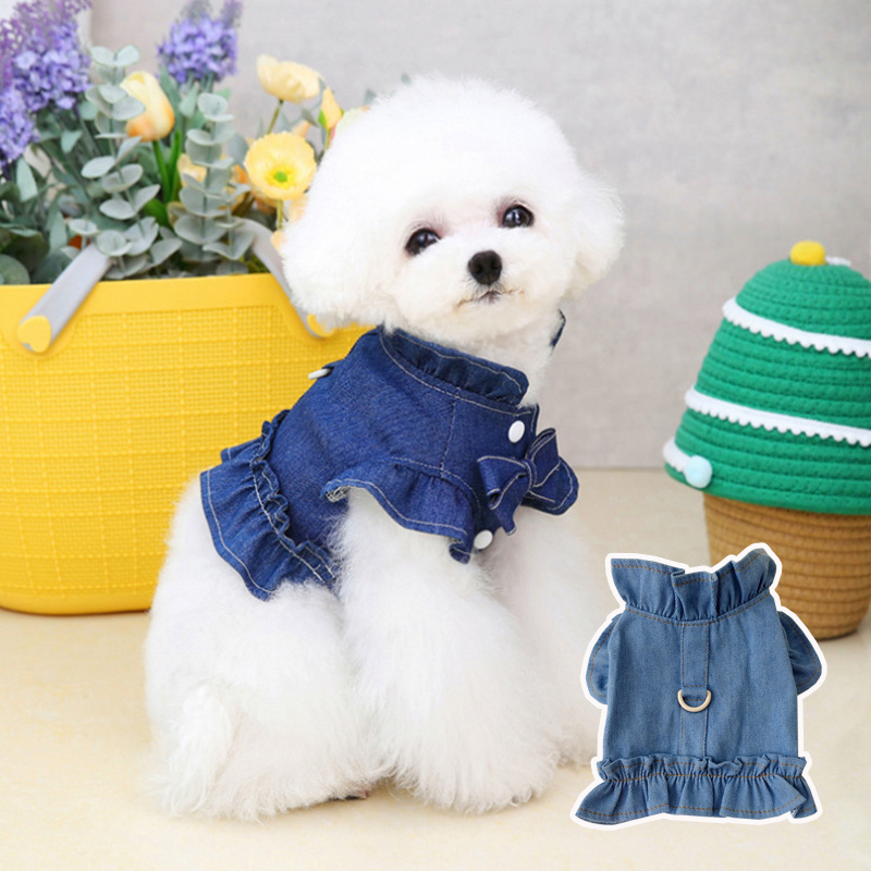 Pets Jeans Dress Apparel Dog Ruffles Vest Pet Harness Denim Dress Puppy Blue Jeans Clothes Cat Dogs Leash Hook Chest Back Dress - Image 7